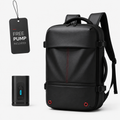 A black backpack with a vertical red accent line, shown alongside a black hanging tag reading 'FREE PUMP INCLUDED' and a matching black pump device on a light gray background.