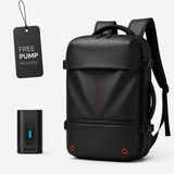 A black backpack with a vertical red accent line, shown alongside a black hanging tag reading 'FREE PUMP INCLUDED' and a matching black pump device on a light gray background.