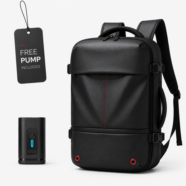 A black backpack with a vertical red accent line, shown alongside a black hanging tag reading 'FREE PUMP INCLUDED' and a matching black pump device on a light gray background.