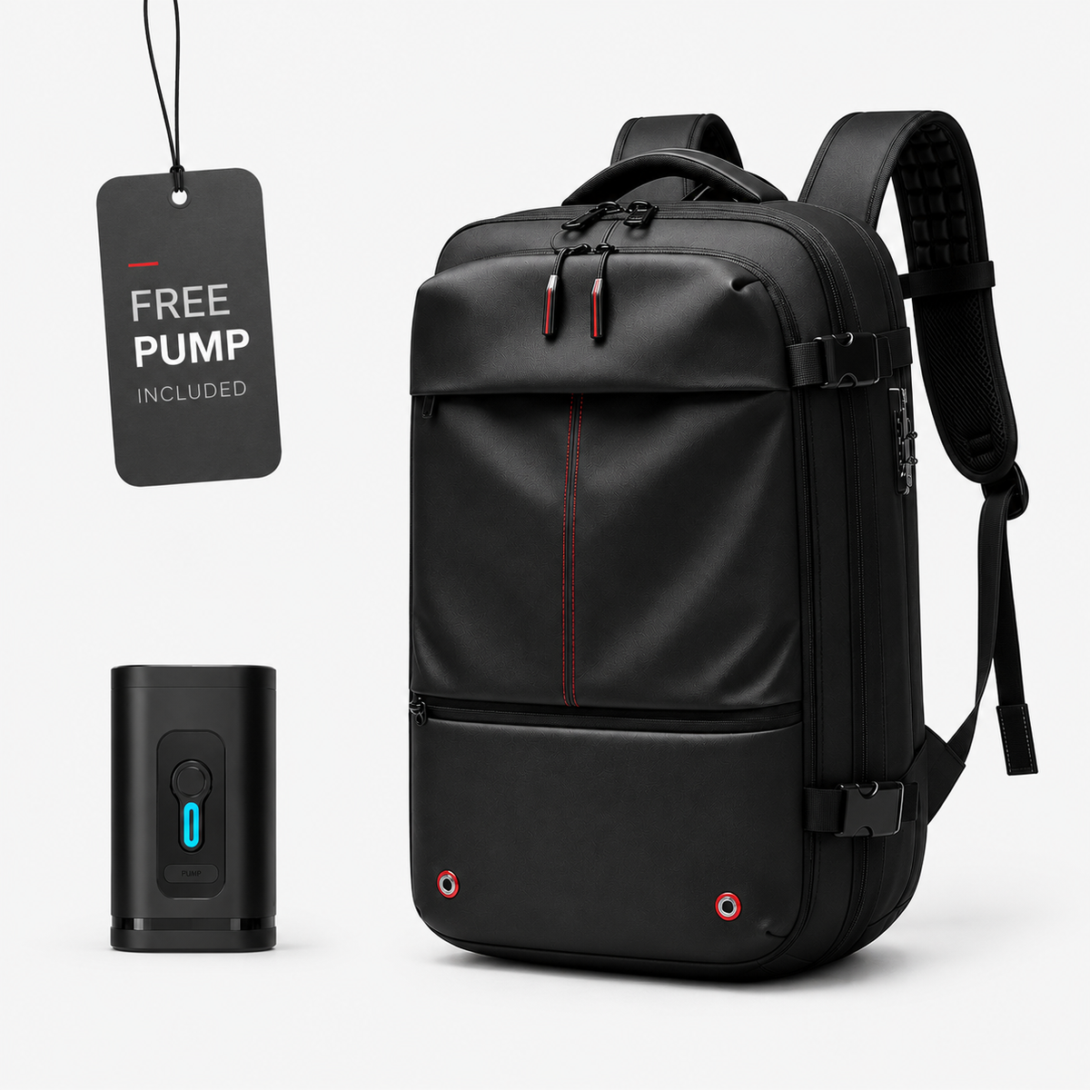 A black backpack with red zipper accents shown on a light studio background, alongside a hanging black tag reading 'FREE PUMP INCLUDED' and a small black pump device with a valve.