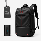 A black backpack with red zipper accents shown on a light studio background, alongside a hanging black tag reading 'FREE PUMP INCLUDED' and a small black pump device with a valve.