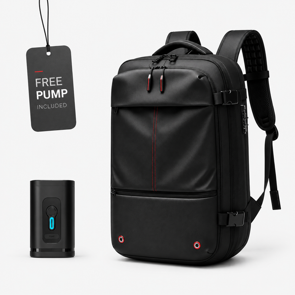A black backpack with red zipper accents shown on a light studio background, alongside a hanging black tag reading 'FREE PUMP INCLUDED' and a small black pump device with a valve.
