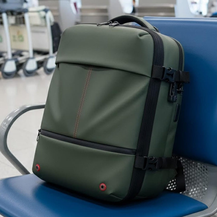 Traveller using an AerCabin backpack