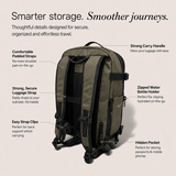 An olive green backpack shown on a beige background with callout text highlighting features such as padded straps, a carry handle, luggage strap, water bottle holder, and hidden pocket.