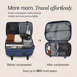 A comparison graphic showing an open navy blue suitcase with packed clothes and accessories labeled 'Before compression' on the left and the same suitcase opened again with contents compressed and more empty space labeled 'After compression' on the right. Text at the top reads 'More room.