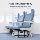 Light blue airplane passenger seats with white armrests and a light blue under-seat luggage compartment, shown in an aircraft cabin with windows and promotional text above.
