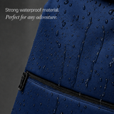 Close-up of a dark blue waterproof backpack or bag with water droplets on the surface and a zipper. White text in the upper left reads, 'Strong waterproof material.