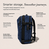 A navy blue backpack with callout text labels highlighting features such as three storage compartments, a padded 17-inch laptop compartment, tactical grip zips, anti-theft combination lock, and water-resistant material, set against a light beige background.