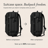 A promotional comparison graphic showing a black backpack from two angles labeled 'Before compression' and 'After compression' with text reading 'Suitcase space. Backpack freedom.