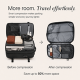 A comparison graphic showing a black suitcase opened to demonstrate compression technology. The left side is labeled 'Before compression' and shows the suitcase contents expanded.