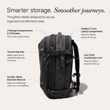 A black backpack with callout lines and text explaining its features, including 3 storage compartments, 16 pockets, a padded 17-inch laptop compartment, tactical grip zips, an anti-theft combination lock, and durable water-resistant material, on a light beige background.