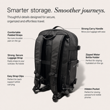 A black backpack shown on a light beige background with callout text labels pointing out features such as padded straps, a strong carry handle, secure luggage strap, water bottle holder, and hidden pocket.