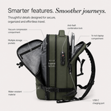 An olive green backpack shown on a light gray background with callout labels pointing out features such as a vacuum compression compartment, multiple storage pockets, anti-theft combination lock, 16-inch laptop compartment, water-resistant material, and USB-C charging port.