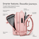 A pink backpack shown on a light beige background with callout labels pointing to features such as a vacuum compression compartment, multiple storage pockets, a 16-inch laptop compartment, anti-theft combination lock, USB-C charging port, water-resistant material, and expandable side pocket by 5 cm.