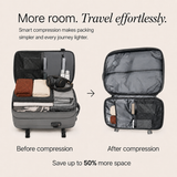 A comparison graphic showing a gray suitcase opened to demonstrate compression technology. The left side is labeled 'Before compression' and shows the suitcase filled with folded clothes, headphones, and toiletries.
