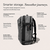 A dark gray backpack with callout lines and text explaining its features, including 3 storage compartments, a padded 17-inch laptop compartment, tactical grip zips, anti-theft combination lock, and water-resistant material, on a light beige background.