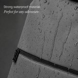 Close-up of a gray waterproof fabric surface with water droplets and running water beads, featuring a zipper and overlaid text that reads 'Strong waterproof material. Perfect for any adventure.