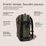 An olive green backpack with straps and a digital lock, shown with callout text labels highlighting features like storage compartments, a padded laptop compartment, tactical grip zips, and anti-theft combination lock on a light beige background.