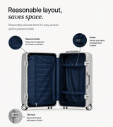 An opeN suitcase on a light gray background with callout circles and text explaining interior features such as a zippered divider, straps, and TSA-lock closure. For the Black , Pink and Silver suitcase