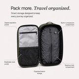 An open olive green backpack shown on a light beige background with callout labels pointing out interior storage features, including a zipped separation pocket, breathable mesh pocket, built-in compression compartment, spacious main compartment, and organized interior storage.