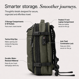An olive green backpack with straps and hardware, shown from the back with callout text and arrows highlighting features such as three storage compartments, a padded 17-inch laptop compartment, tactical grip zips, an anti-theft combination lock, and durable water-resistant material.