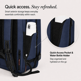 A navy blue backpack shown on a light beige background with marketing text and a circular inset detail of a quick-access pocket holding a white water bottle.