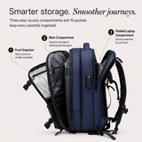 A navy blue  smart backpack shown on a light background with callout labels pointing to its features: front organizer pocket, main compartment, and padded laptop compartment. Text at the top reads, 'Smarter storage.