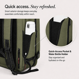 Olive green backpack with mesh and webbing details, featuring a side quick-access pocket holding a white water bottle. The image includes marketing text and a circular inset close-up of the pocket.