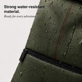 Close-up of an olive green waterproof backpack or jacket with water droplets on the surface, a zipper, and a red stitched accent line. Text on the left reads: 'Strong water-resistant material.