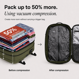 Promotional comparison graphic showing a packed olive green suitcase with folded clothes labeled 'Before compression' and an open empty suitcase interior labeled 'After compression,' with text stating 'Pack up to 50% more. Using vacuum compression.