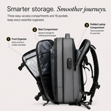 A dark gray backpack shown from the back with three labeled compartments opened to reveal interior storage space. Text at the top reads 'Smarter storage.