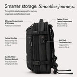 Black backpack with callout text labels highlighting features such as 3 storage compartments, padded 17-inch laptop compartment, tactical grip zips, anti-theft combination lock, and durable water-resistant material on a light background.