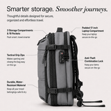 A gray backpack shown on a light gray background with callout text and line pointers highlighting features such as three storage compartments, a padded 17-inch laptop compartment, tactical grip zips, an anti-theft combination lock, and durable water-resistant material.