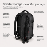 A black backpack shown on a light beige background with callout text labels highlighting features such as a strong carry handle, padded straps, secure luggage strap, water bottle holder, and hidden pocket.
