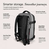 A gray backpack shown on a light beige background with callout text labels highlighting features such as padded straps, a strong carry handle, a zipped water bottle holder, and a hidden pocket.