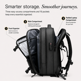 Black backpack shown on a light background with three labeled compartments and callout lines explaining front organizer, main compartment, and padded laptop compartment.
