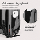 Gray backpack with a side quick-access pocket holding a white water bottle, shown with marketing text and a circular inset detail of the pocket.