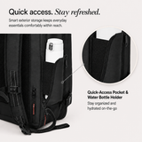 Black backpack shown on a light background with promotional text and a circular inset detail of a quick-access pocket holding a water bottle.