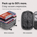 Promotional comparison graphic showing a packed gray suitcase with folded clothes and text explaining vacuum compression, alongside an open empty gray suitcase labeled after compression, on a light gray background.
