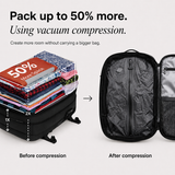 Promotional comparison graphic showing a packed black suitcase with folded clothes labeled 'Before compression' and an open empty suitcase interior labeled 'After compression,' with headline text about packing up to 50% more using vacuum compression.