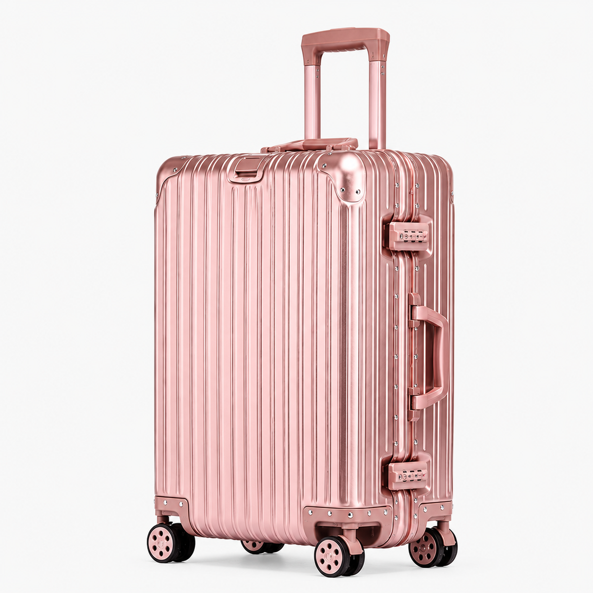 A metallic rose gold aluminum spinner suitcase with a telescoping handle extended, shown on a clean white background.