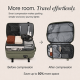A comparison graphic showing an open olive green suitcase with packed items labeled 'Before compression' on the left and the same suitcase opened to show compressed, flatter contents labeled 'After compression' on the right. Text at the top reads 'More room.