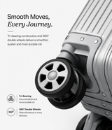 Close-up of a silver hard-shell suitcase wheel with silver tri-bearing double wheels, accompanied by marketing text describing smooth movement and durable rolling.