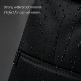 Close-up of a black backpack with water droplets on its surface and zipper, with text reading 'Strong waterproof material. Perfect for any adventure.
